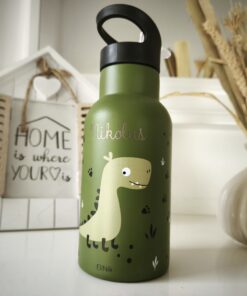 Edelstahl Kindertrinkflasche 350ml mit Namen Dino grün
