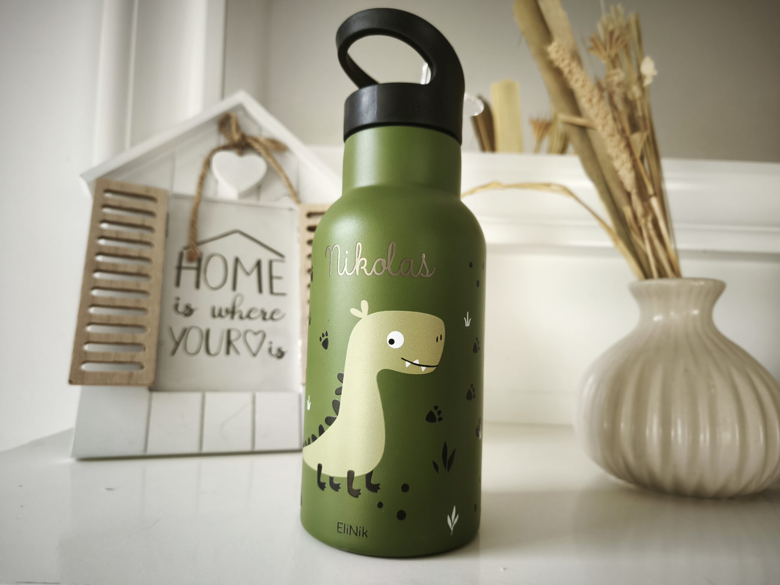 Edelstahl Kindertrinkflasche 350ml mit Namen Dino grün