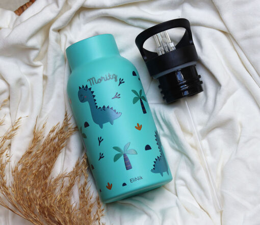 Edelstahl Kindertrinkflasche mit Namen 350 ml Dino blau